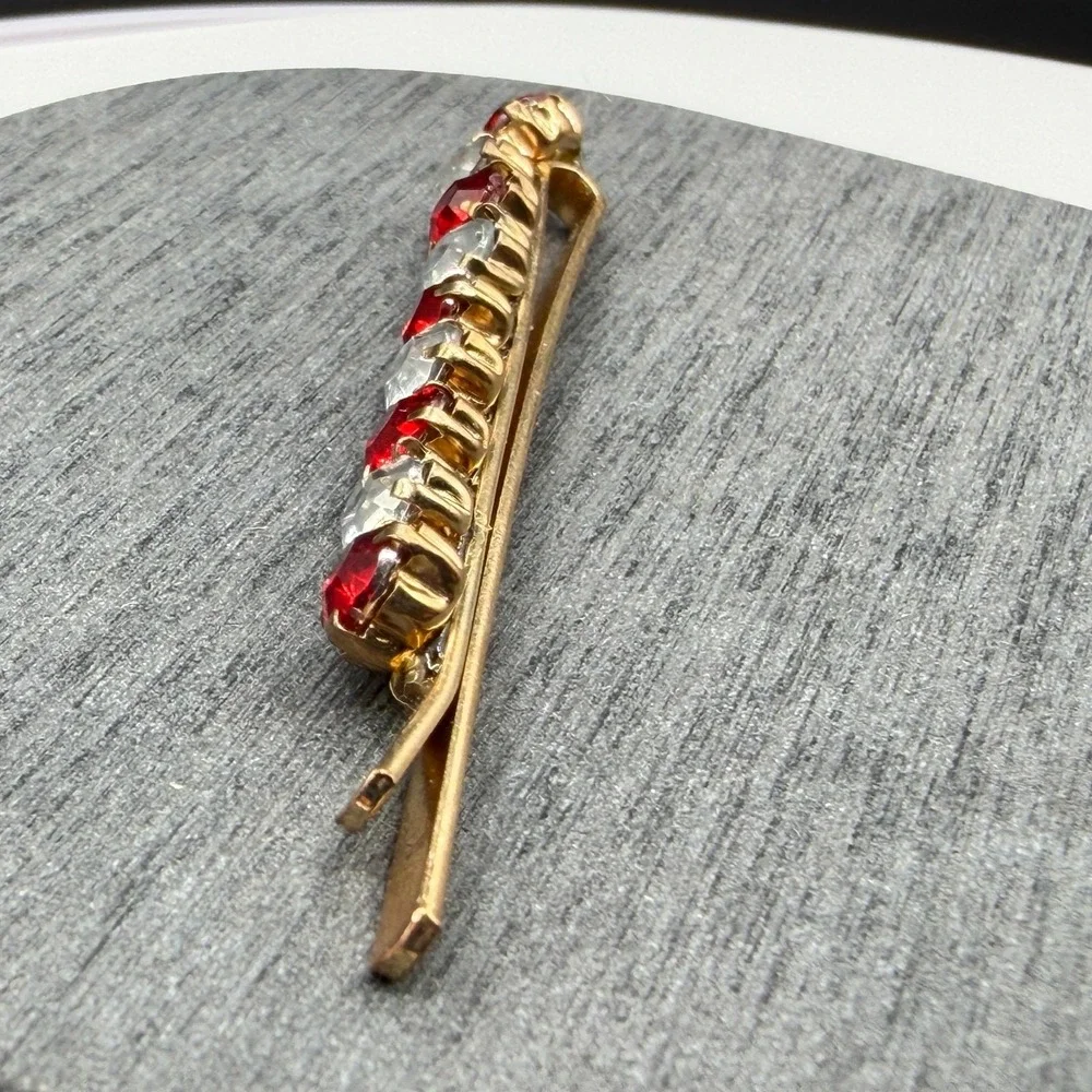 Gold Tone Red Clear Rhinestone Hair Barrette Clip Prong Set Bridal Accessory